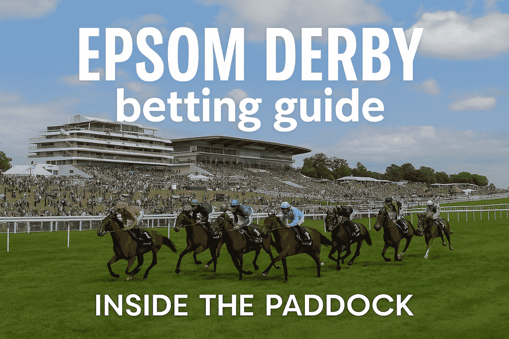 Horses racing at Epsom Downs with Epsom Derby betting guide banner