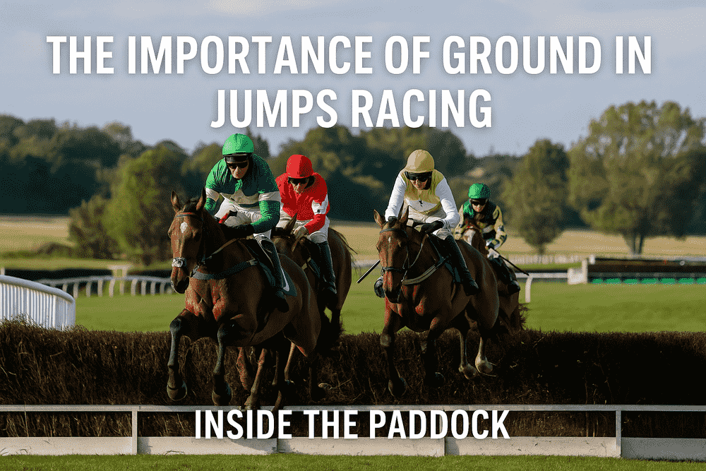 Jumps racing horses clearing a fence on turf, illustrating the importance of ground conditions in National Hunt racing.