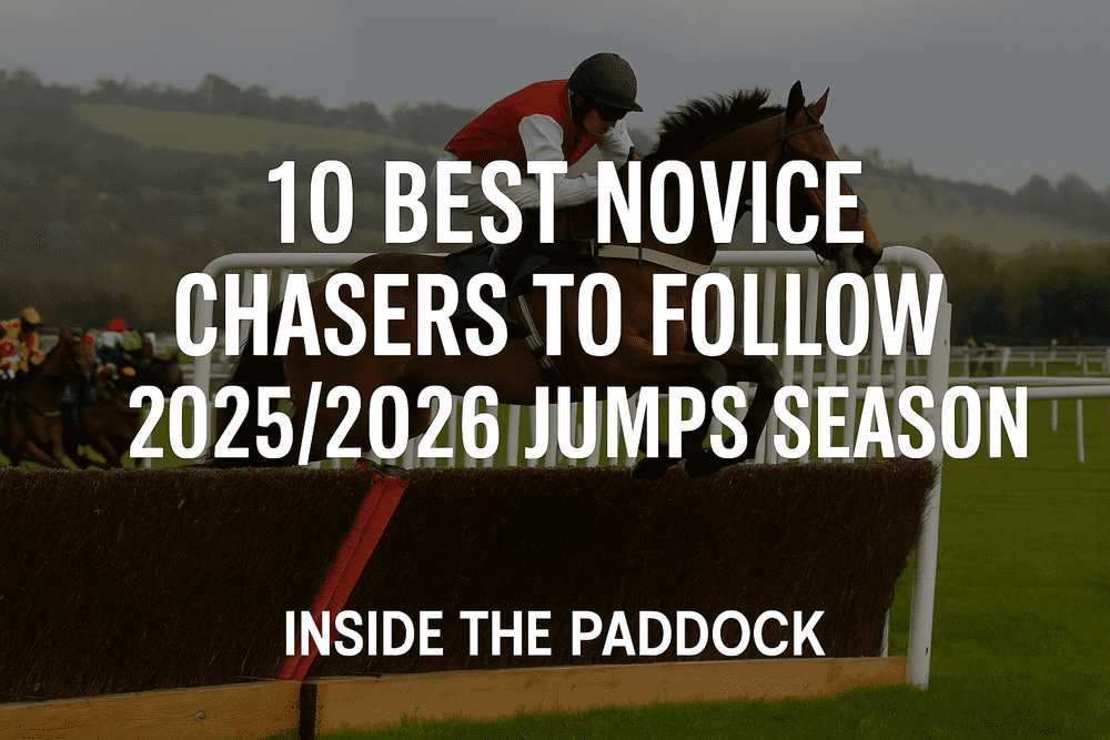 Novice chaser jumping a fence with jockey in red and white silks – 10 best novice chasers to follow in the 2025/2026 jumps season