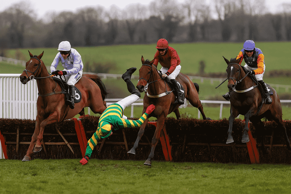 Horse racing steeplechase fall – jockey losing balance over hurdle, Nicky Henderson horses to follow season 2025/26
