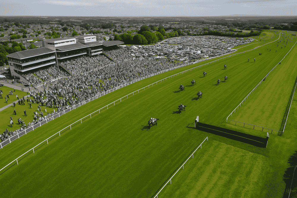 Drone shot capturing a horse race in progress, with crowded stands and lush green track