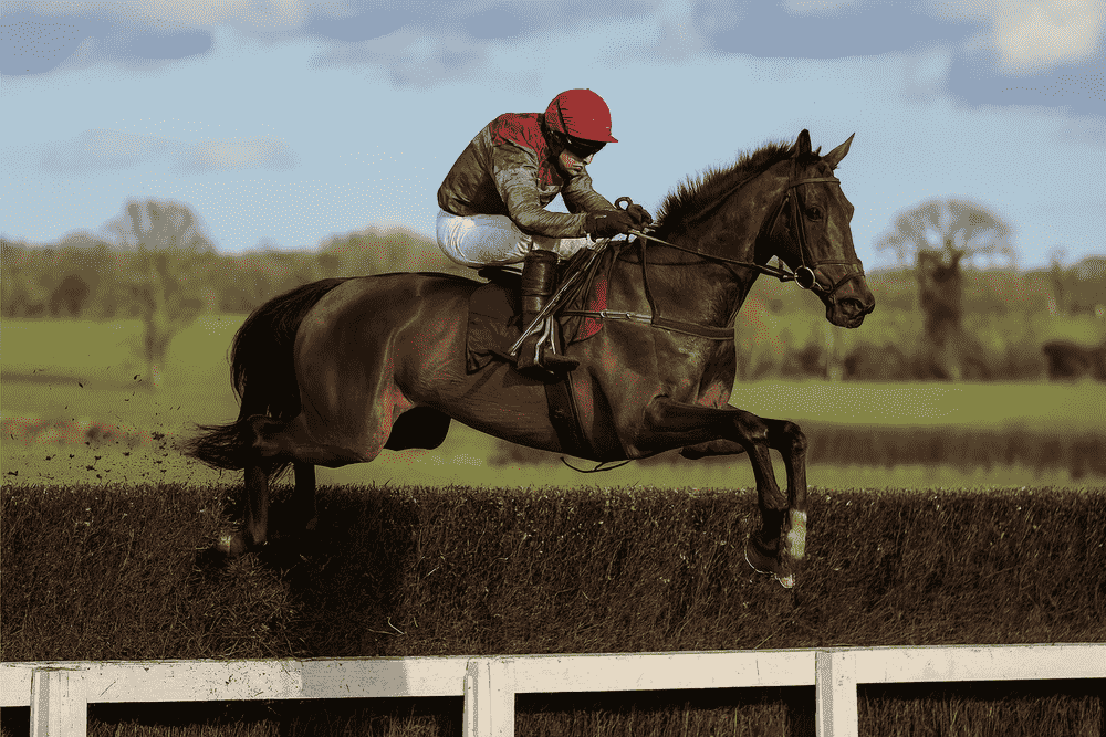 racehorse jumping a steeplechase fence with jockey in green silks and red cap during the 2025/26 National Hunt season, representing Ben Pauling horses to follow