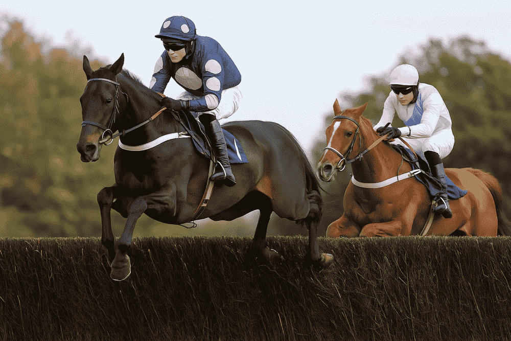 Two racehorses jumping a fence during the Cheltenham National Hunt 2025, the leading jockey wearing blue and pink silks, captured mid-air in realistic racing action