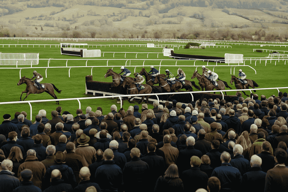 Crowd watching a thrilling jump race from the stands at Cheltenham Racecourse, showcasing the atmosphere and landscape of Britain’s premier National Hunt track