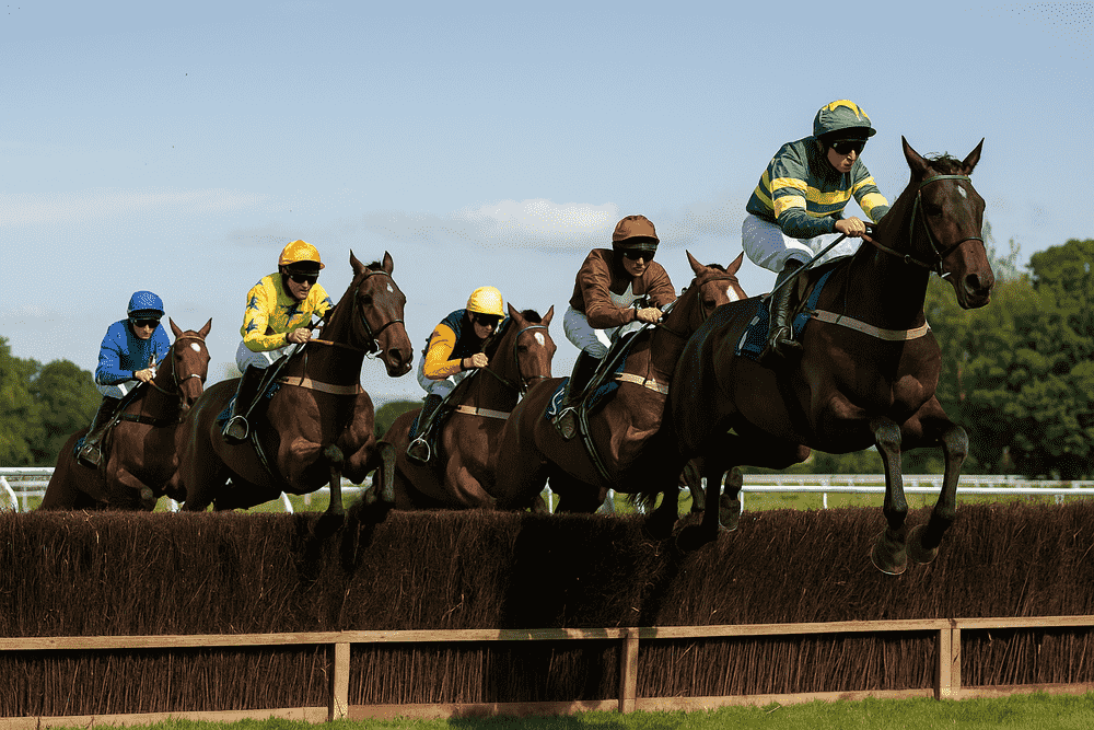 Racehorses jumping a hurdle at Cheltenham during the Showcase 2025, featuring six jockeys in colourful silks mid-air over a fence on a bright day.