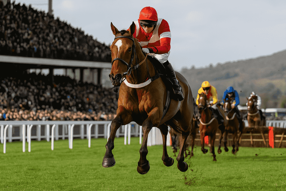 Steeplechase race front view with leading horse and jockey clearing a hurdle, followed by rivals and a packed grandstand in the background