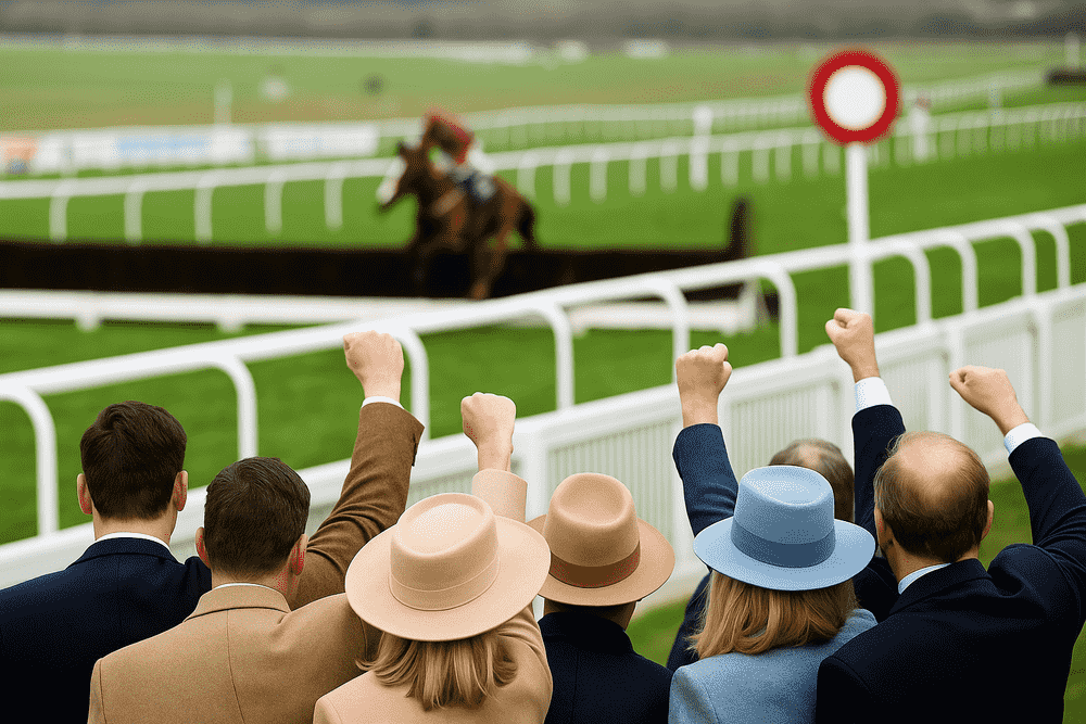 Group of people in suits and hats cheering as a horse crosses the finish line in a steeplechase