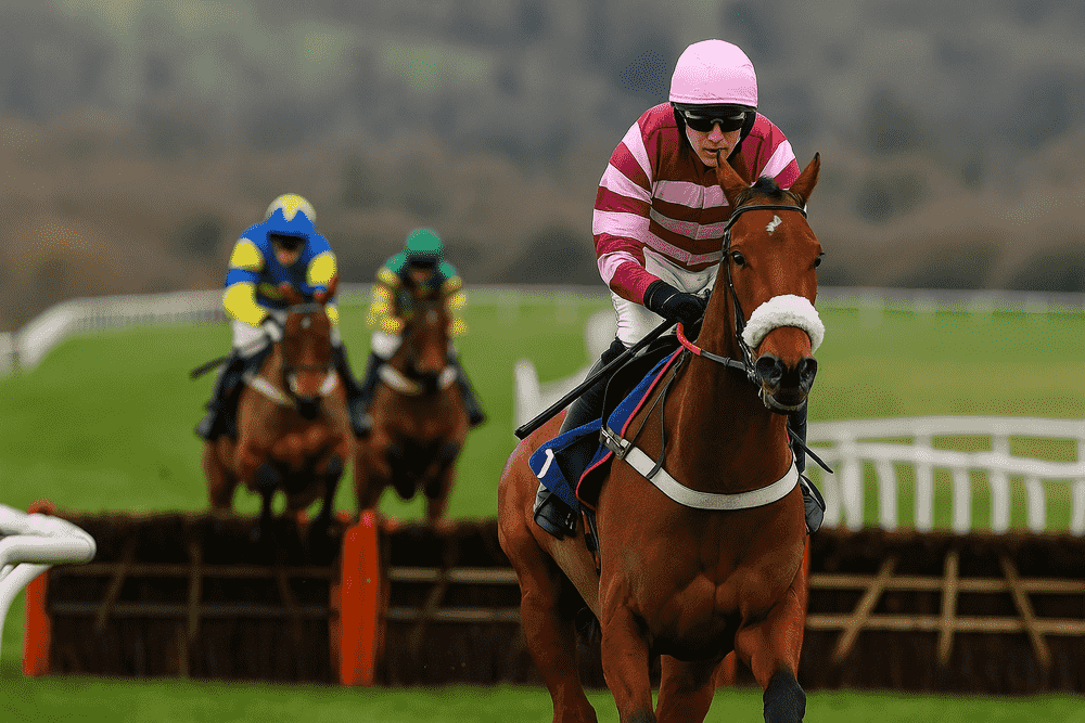 Bay horse in pink and white silks leading towards the finish with two rivals jumping a hurdle behind during a National Hunt race, ideal for Fergal O’Brien horses to follow 2025/26 article.