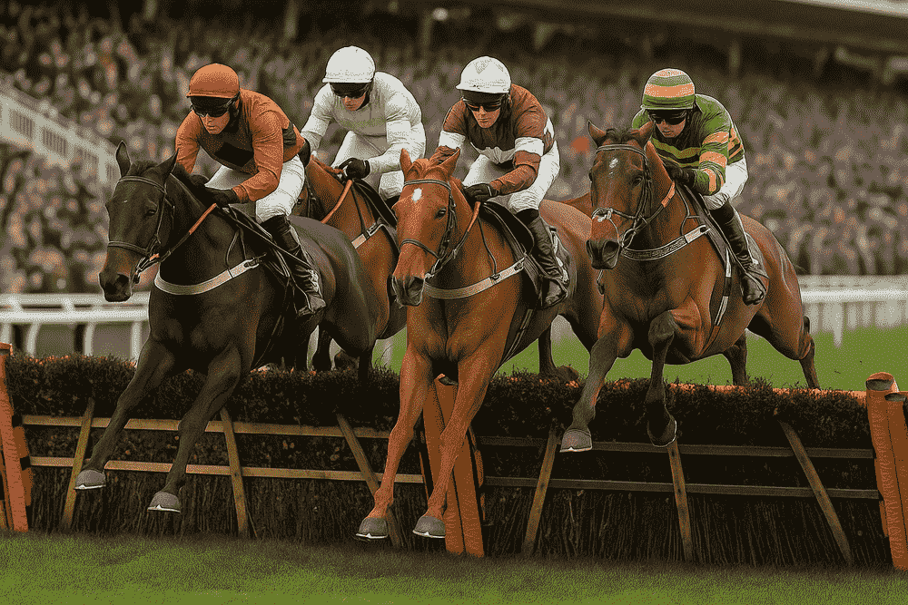 Racehorses jumping a hurdle during a National Hunt race, perfect image for Fergal O’Brien horses to follow 2025/26 article.