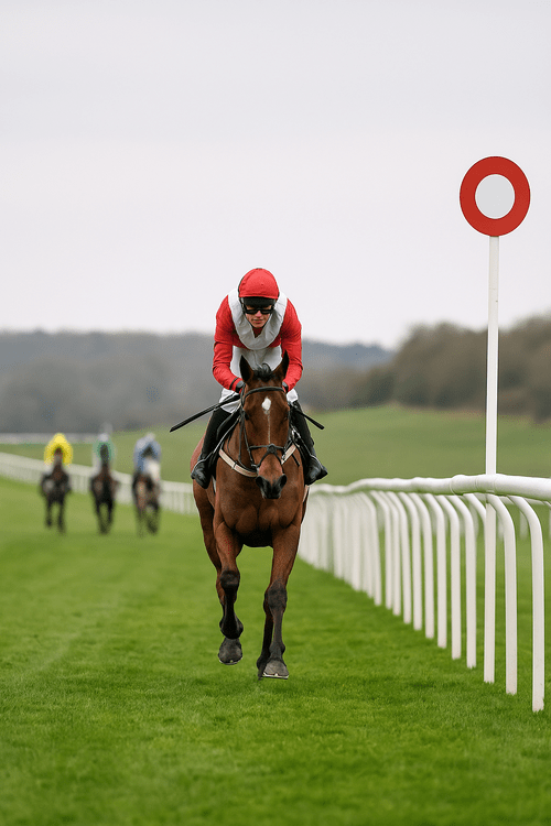 Single racehorse and jockey crossing the finish line in a steeplechase, with distant pursuers trailing behind on the grass track