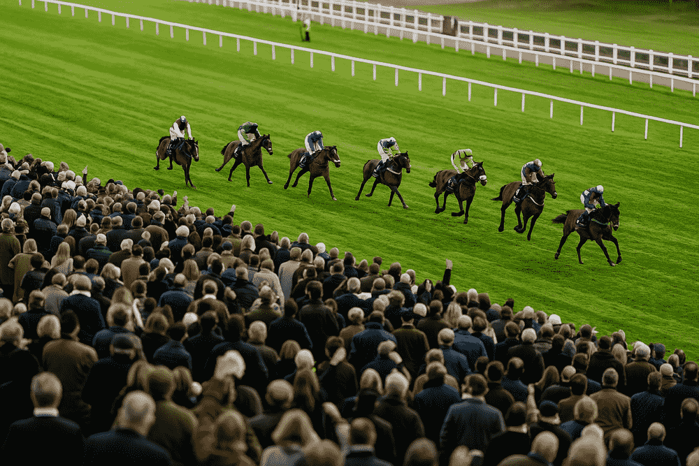 Crowd watching a National Hunt horse race from the grandstand as seven jockeys ride their horses across the turf track.