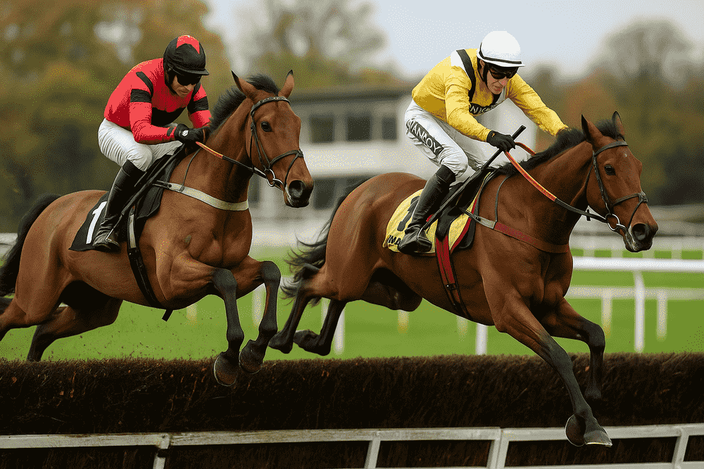 Two racehorses jump a fence during a National Hunt race, ridden by jockeys in Lucinda Russell silks – red and black, and yellow and white – representing top horses to follow for the 2025/2026 Jumps Season.