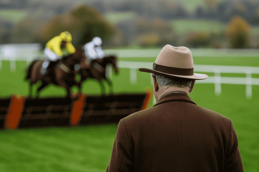 Man in coat and fedora watching a National Hunt jumps horse race from the stands