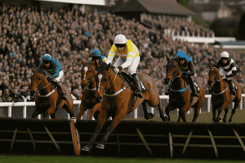 Several horses and jockeys jumping a hurdle during a National Hunt steeplechase, with spectators cheering from the packed grandstand