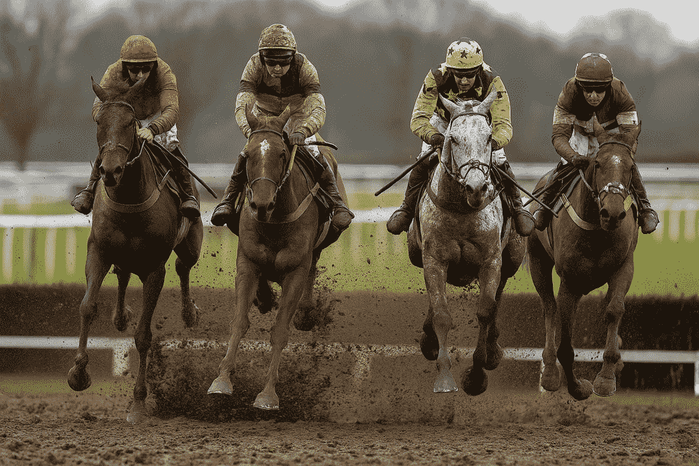 Steeplechase horses racing over muddy ground during the National Hunt season 2025/26, showcasing soft-ground specialists in action.