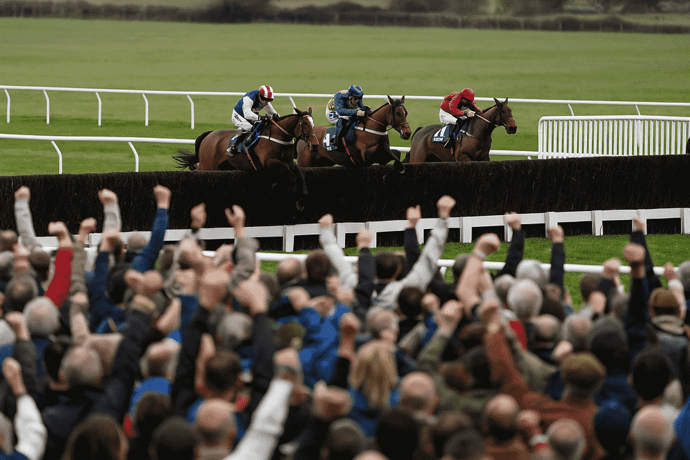 several racehorses jumping a fence during a steeplechase, viewed from the grandstand with fans cheering and raising arms, National Hunt racing 2025/26 atmosphere