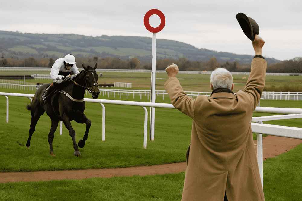 Racehorse crossing the finish line as a man in the grandstand celebrates with his hat raised.