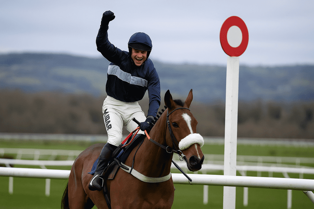 Jockey raising his arm in triumph while crossing the finish line on a racehorse during a National Hunt race