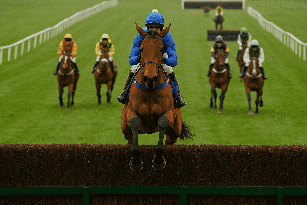 A steeplechase horse jumping a fence toward the camera, seen from the front, with the chasing runners approaching the previous obstacle in the background