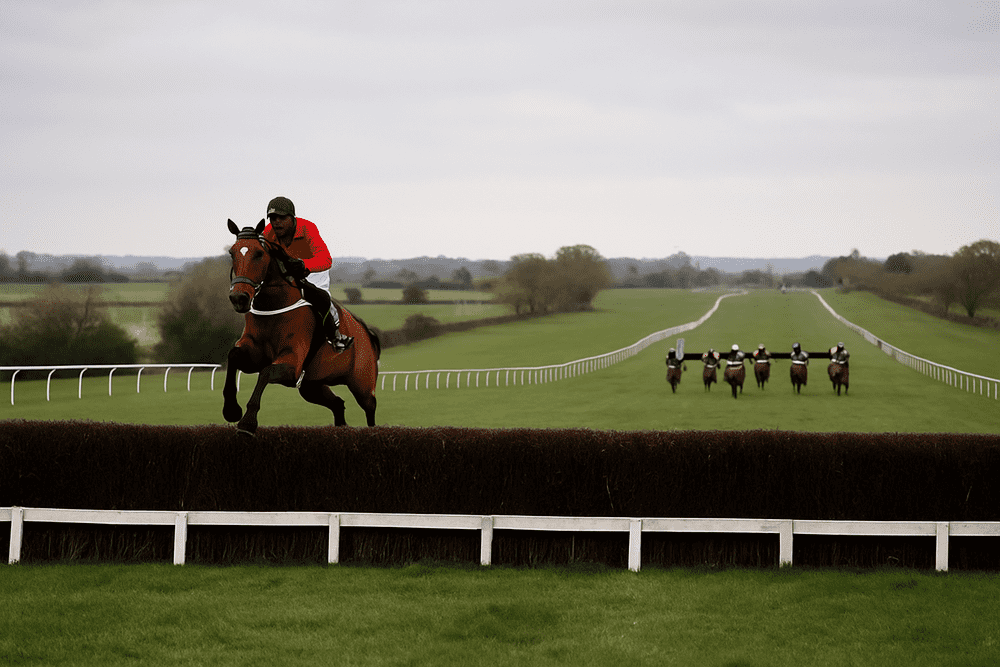 A front-running jumper clearing a fence far ahead of the chasing pack during a steeplechase race, viewed from a distance