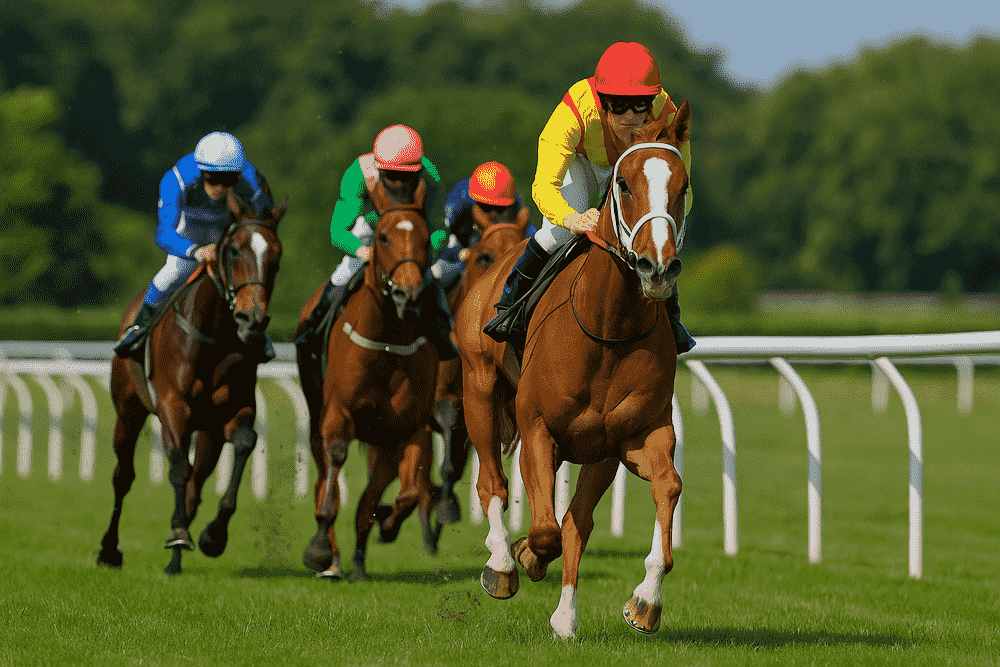 A front-running racehorse pulling clear of the pack during a turf race, with chasing horses in the background