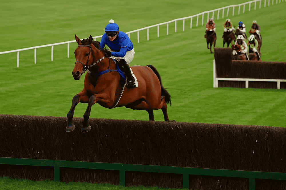 A steeplechase horse jumping a fence well in front while the chasing pack tackles a later obstacle in the background