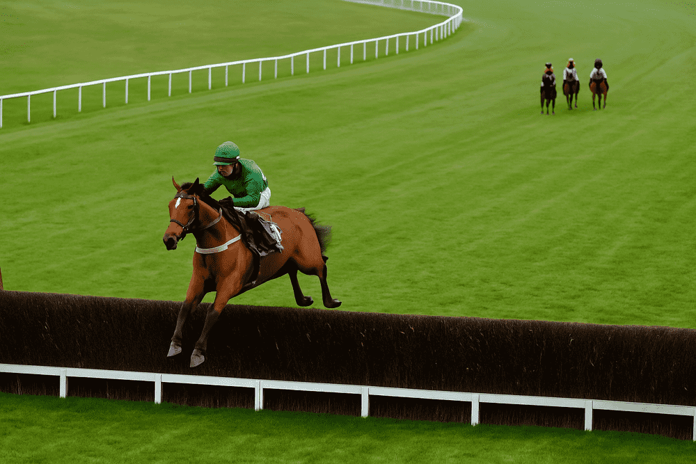 A steeplechase horse jumping a fence well ahead of the chasing pack on a grassy racecourse