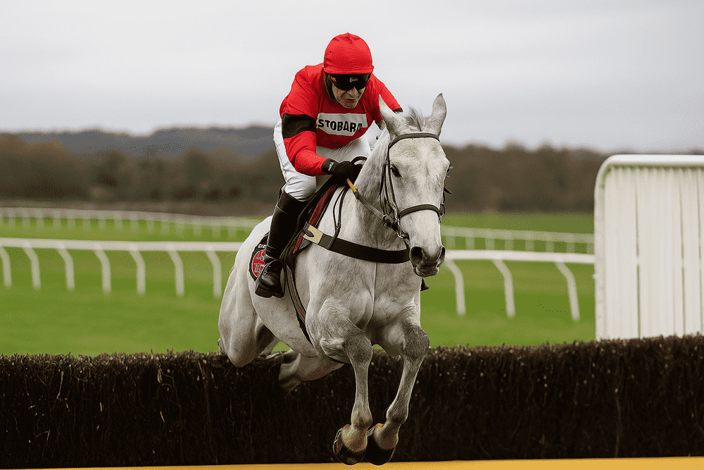 Grey racehorse with jockey in red silks jumping a steeplechase fence at Haydock Park during the Betfair Chase 2025