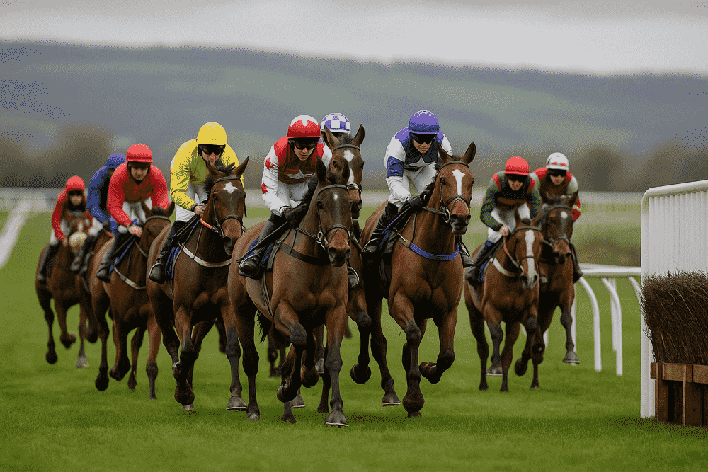 Horses jumping fences during a Cheltenham steeplechase in the 2025/26 jumps season