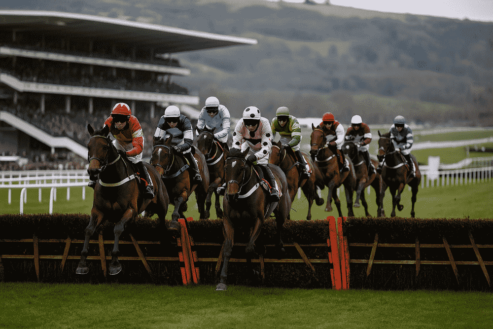 Horses jumping a hurdle during a Cheltenham jumps race in the 2025/26 season