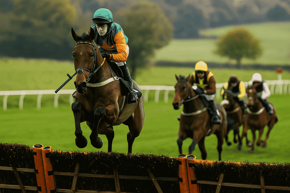 A leading racehorse clearing a hurdle with several rivals close behind during a National Hunt race, symbolizing early-season form and trainer momentum in November.