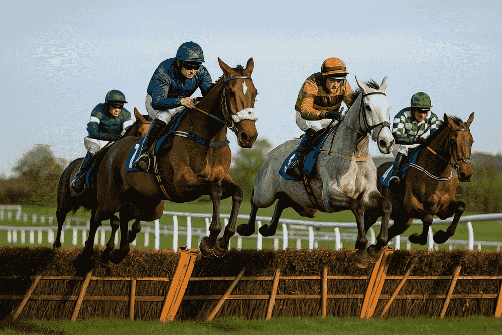 Horses jumping an obstacle during a National Hunt race, representing Gavin Cromwell horses to follow 2025/26 season