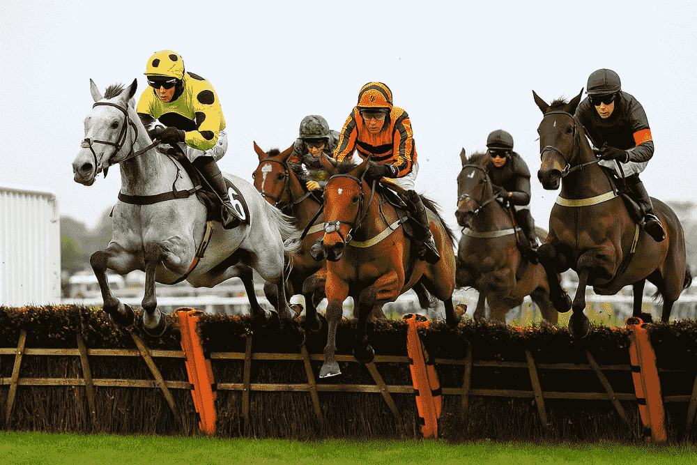 Four racehorses jumping a hurdle during a National Hunt steeplechase, representing the Olly Murphy horses to follow 2025/26 season