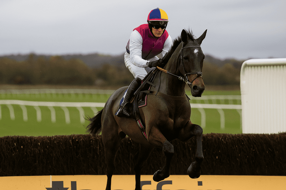 Dark bay racehorse with jockey in pink and purple silks approaching a steeplechase fence at Haydock Park during the Betfair Chase 2025
