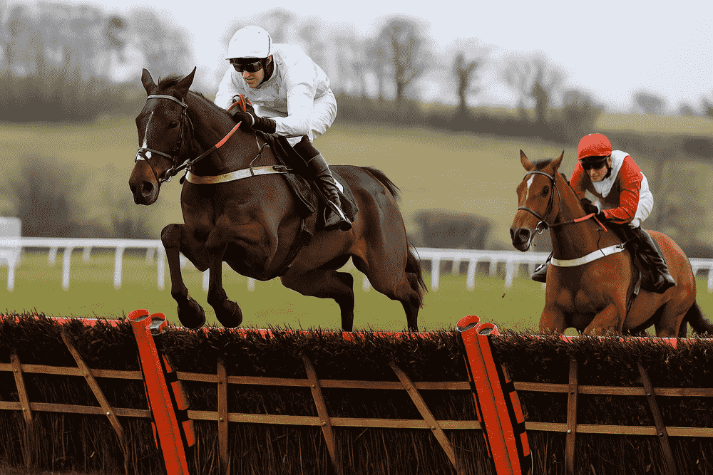 A racehorse jumping a fence with a second horse approaching behind during a winter National Hunt steeplechase, showing December jumping conditions