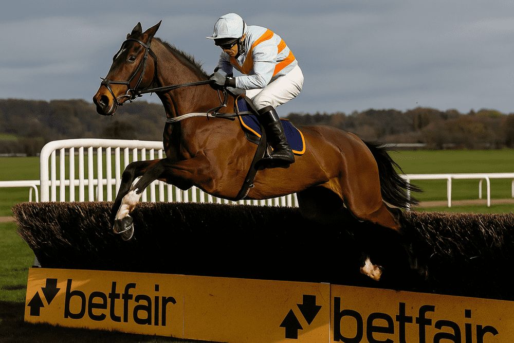 Bay racehorse with jockey in light blue and orange silks jumping a steeplechase fence at Haydock Park during the Betfair Chase 2025
