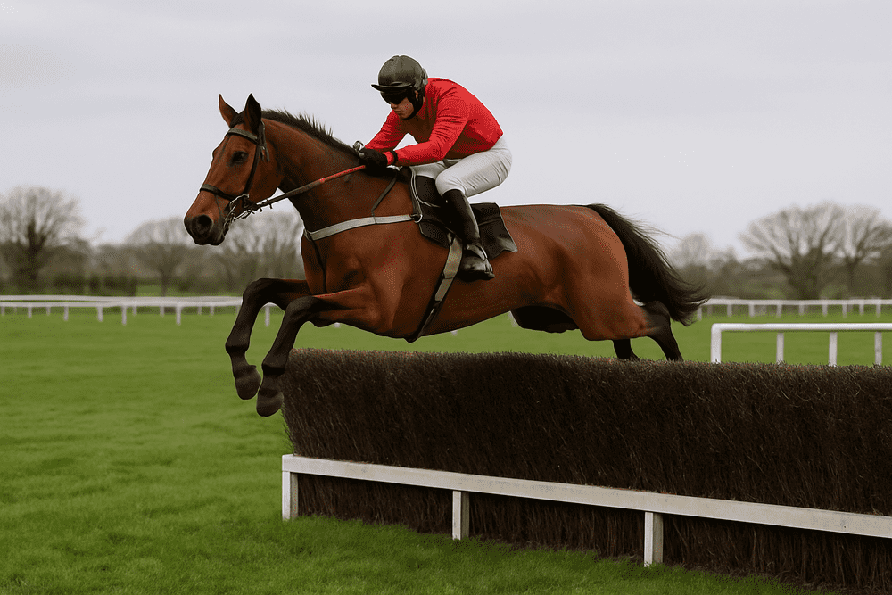 A steeplechase horse clearing a large obstacle mid-race, captured in a horizontal action shot on a grassy course