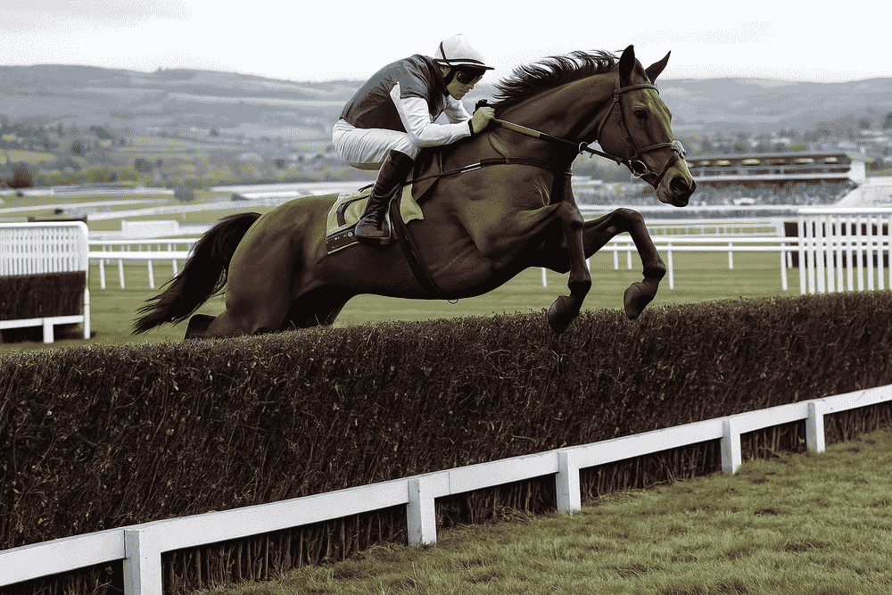 A racehorse clearing a hurdle at Cheltenham during the 2025/26 jumps season
