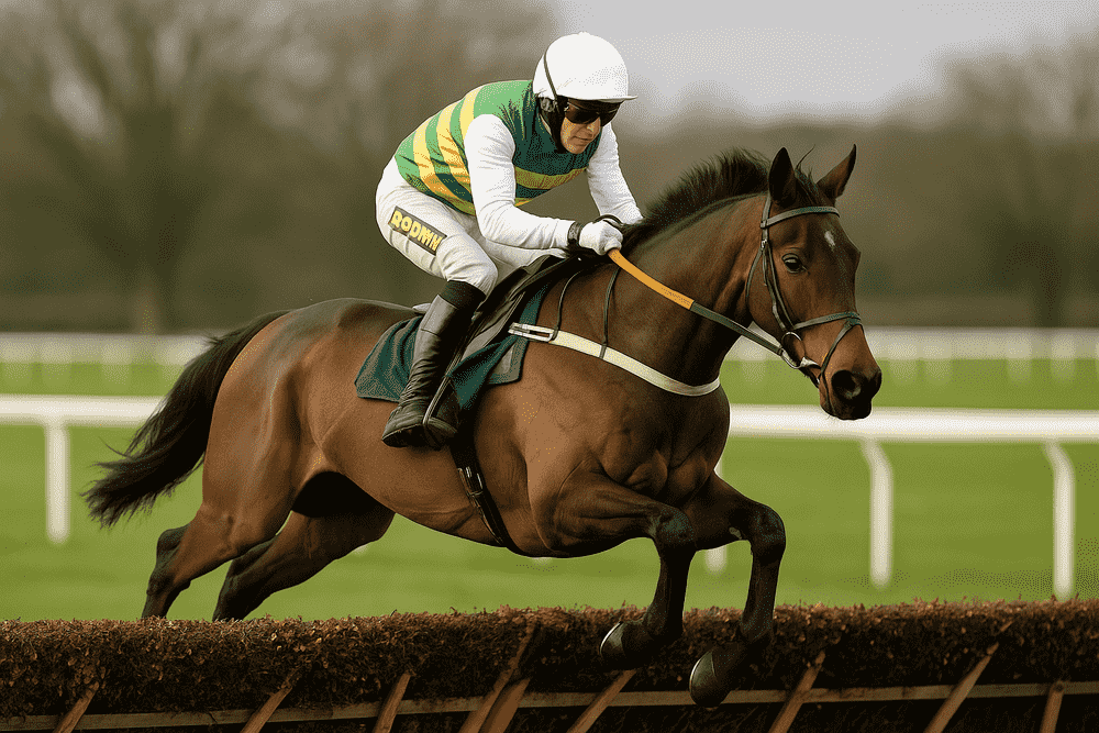 Jockey in green and yellow silks jumping a hurdle on a bay racehorse during a National Hunt race, ideal image for Alan King horses to follow guide