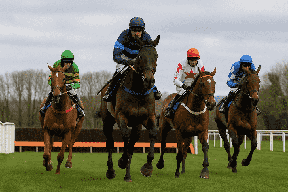 Four racehorses approaching a hurdle at Cheltenham during the 2025/26 jumps season