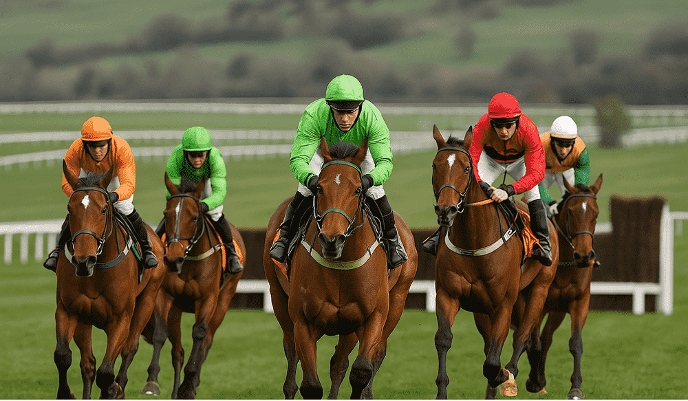Several racehorses running toward a hurdle at Cheltenham during the 2025/26 jumps season