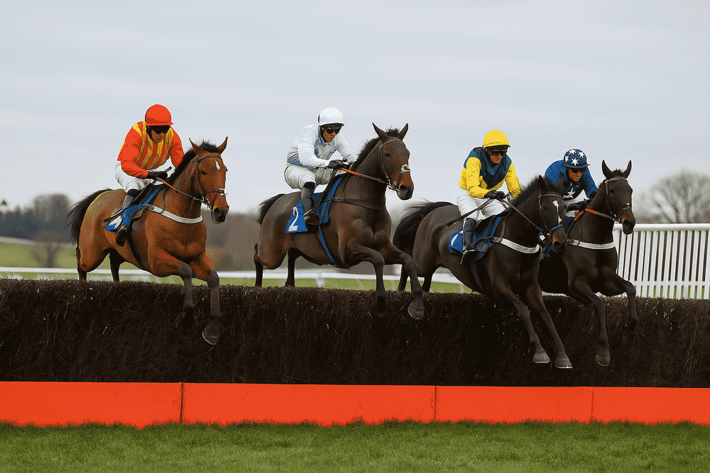 Four horses jumping a fence in a winter National Hunt steeplechase, illustrating December form and obstacle racing conditions