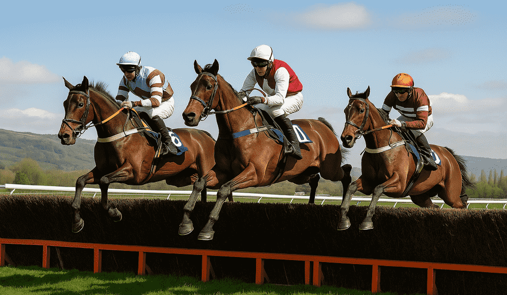 Three racehorses jumping a fence during a Cheltenham steeplechase in the 2025/26 jumps season