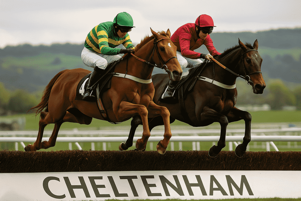 Two racehorses leaping over a hurdle during a Cheltenham jumps race in the 2025/26 season
