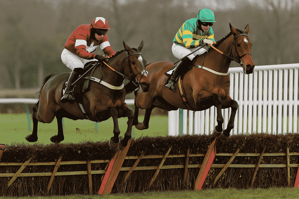 Two horses jumping a hurdle during a winter National Hunt race, illustrating seasonal form and December jumping conditions