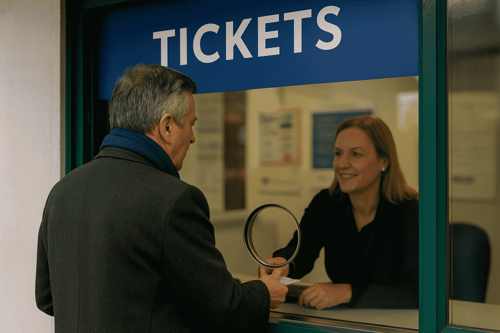 Man buying tickets at a ticket office window, illustrating the process of purchasing Cheltenham Festival 2026 entry