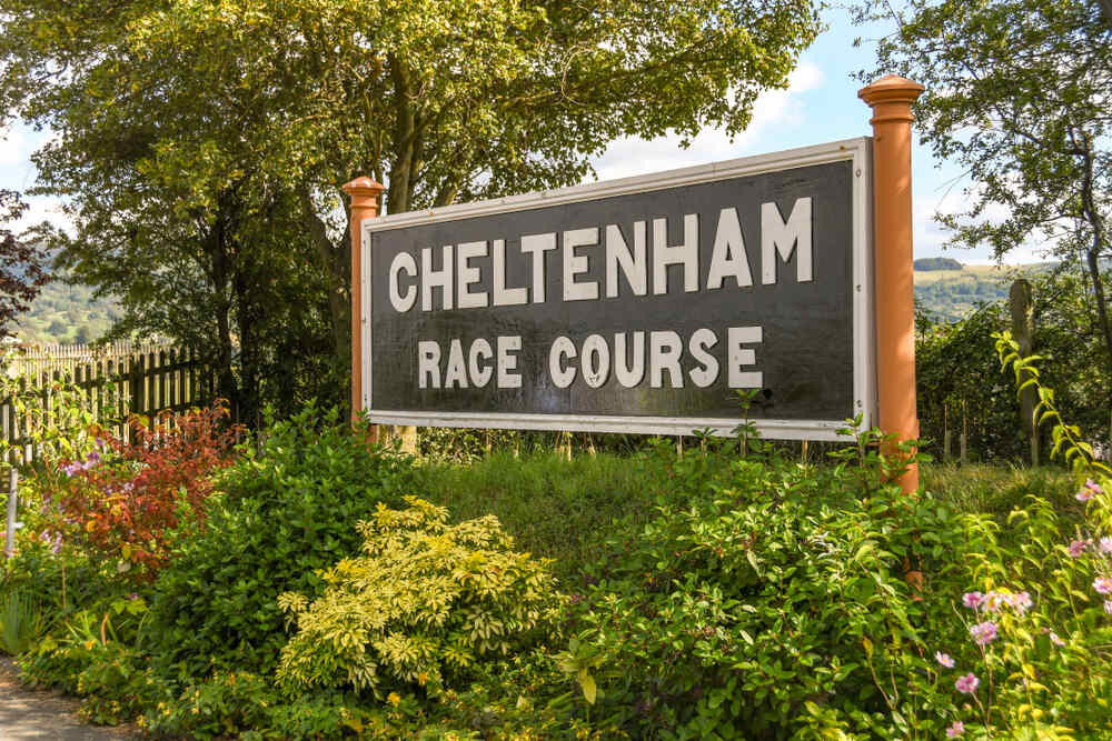 Cheltenham Racecourse sign at the entrance to the racecourse during Festival week