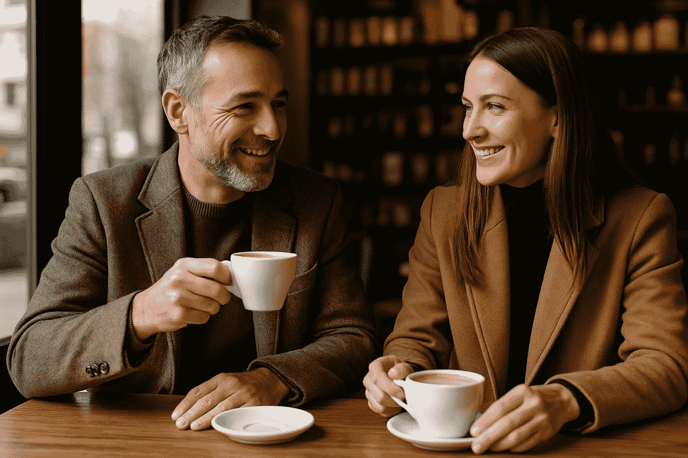 Two people enjoying coffee in a café in Cheltenham, illustrating a relaxing break during Festival week