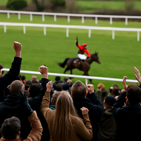 Spectators cheering from the grandstand as a winning racehorse and jockey celebrate in the distance during a National Hunt race