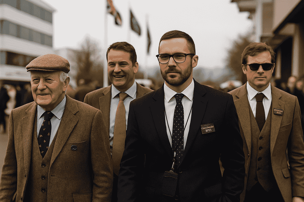 Group of men dressed in suits and country-style jackets arriving at Cheltenham Festival 2026